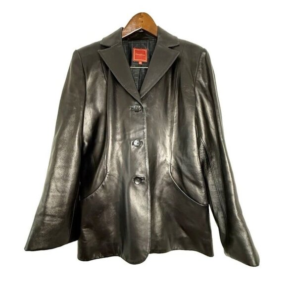 90s Y2K Woman‎ Sz 10 Cole Haan Black Button Lambskin Leather Jacket Blazer - Picture 1 of 8